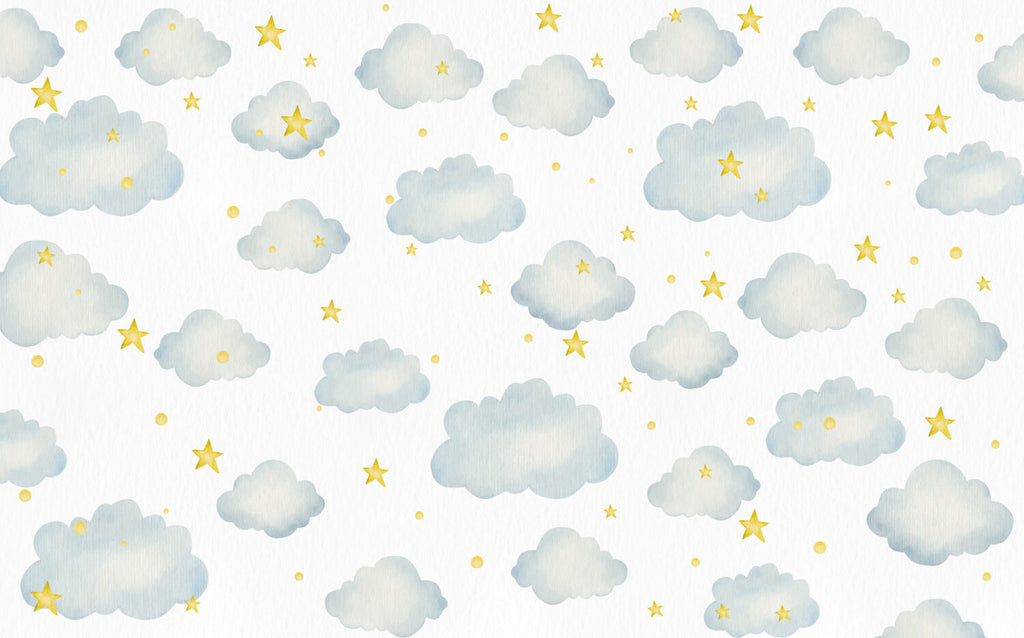 Clouds And Stars Wallpaper : Blue Watercolor Nursery Mural - View 2