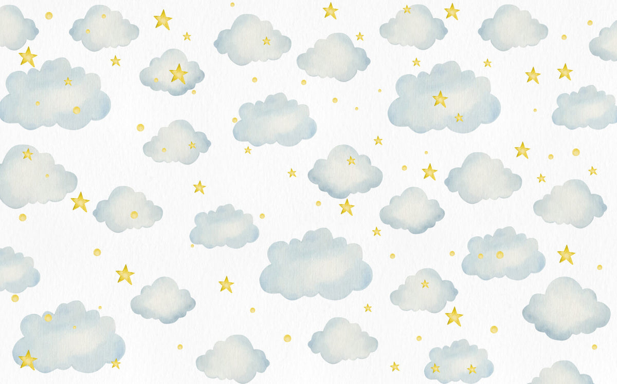 Clouds And Stars Wallpaper : Blue Watercolor Nursery Mural - View 2