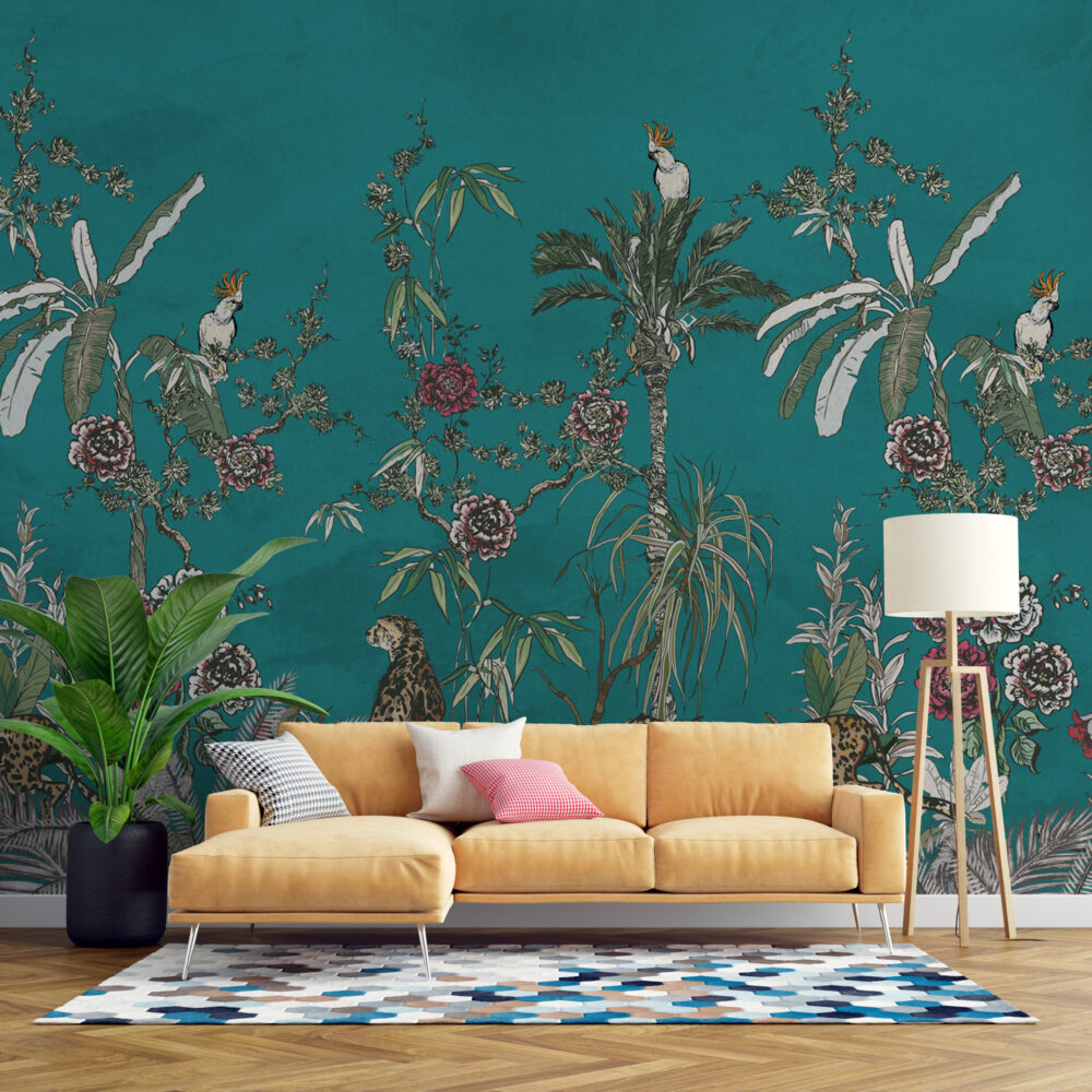 Teal Jungle Animals Wallpaper : Tropical Trees And Flowers Mural - View 4