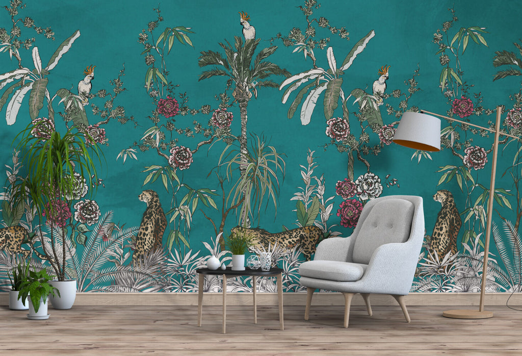 Teal Jungle Animals Wallpaper : Tropical Trees And Flowers Mural - View 5