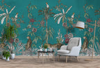 Teal Jungle Animals Wallpaper : Tropical Trees And Flowers Mural - View 5