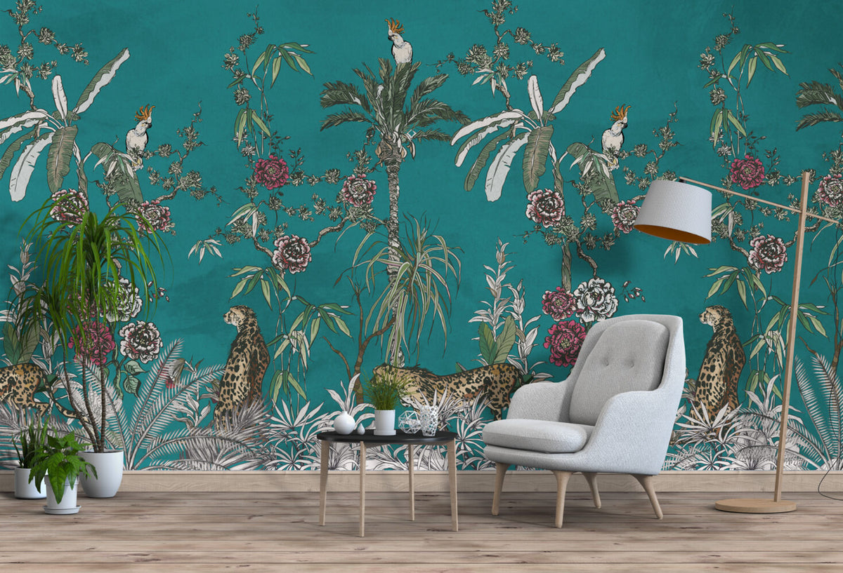 Teal Jungle Animals Wallpaper : Tropical Trees And Flowers Mural - View 5