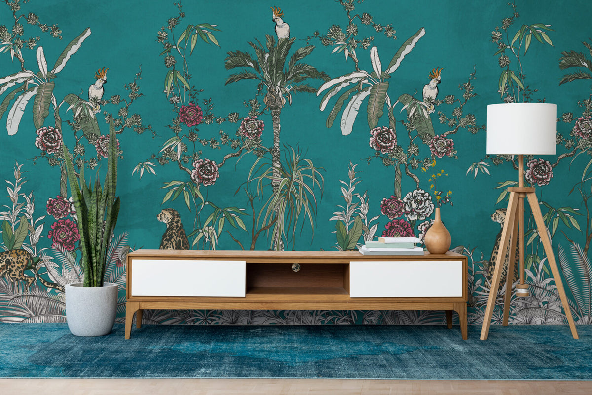 Teal Jungle Animals Wallpaper : Tropical Trees And Flowers Mural - View 6