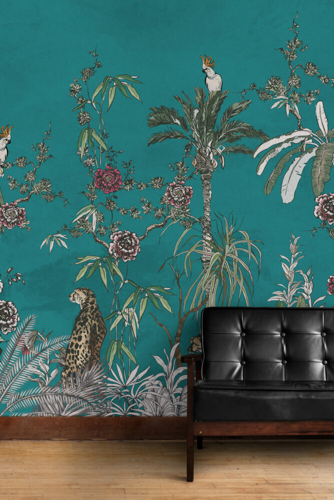 Teal Jungle Animals Wallpaper : Tropical Trees And Flowers Mural - View 3