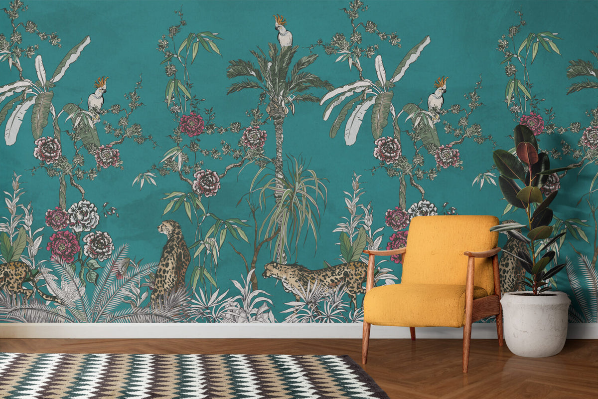 Teal Jungle Animals Wallpaper : Tropical Trees And Flowers Mural