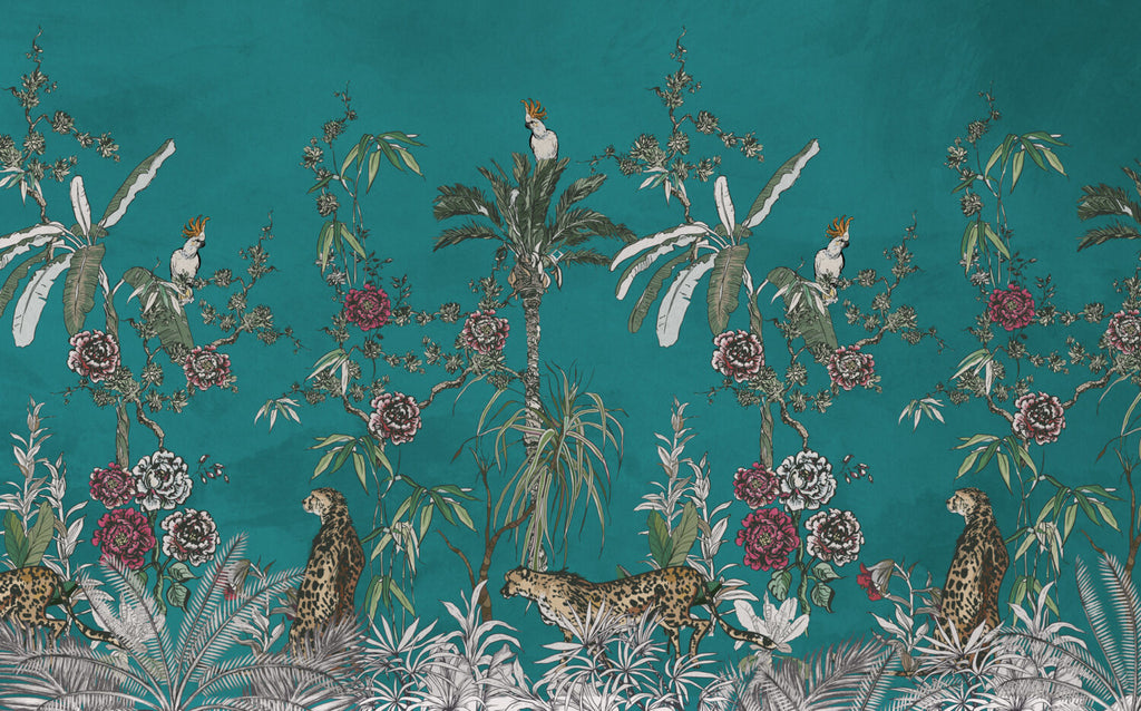 Teal Jungle Animals Wallpaper : Tropical Trees And Flowers Mural - View 2