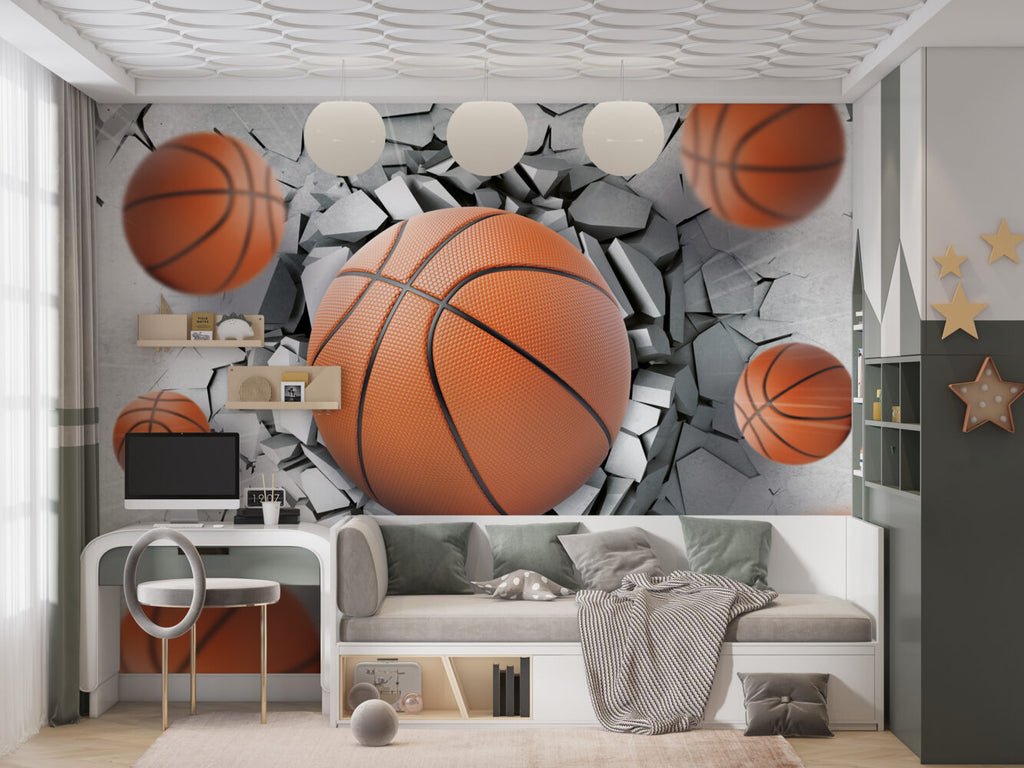 3D Basketball Wall Wallpaper : Breaking Concrete Sports Mural - View 4