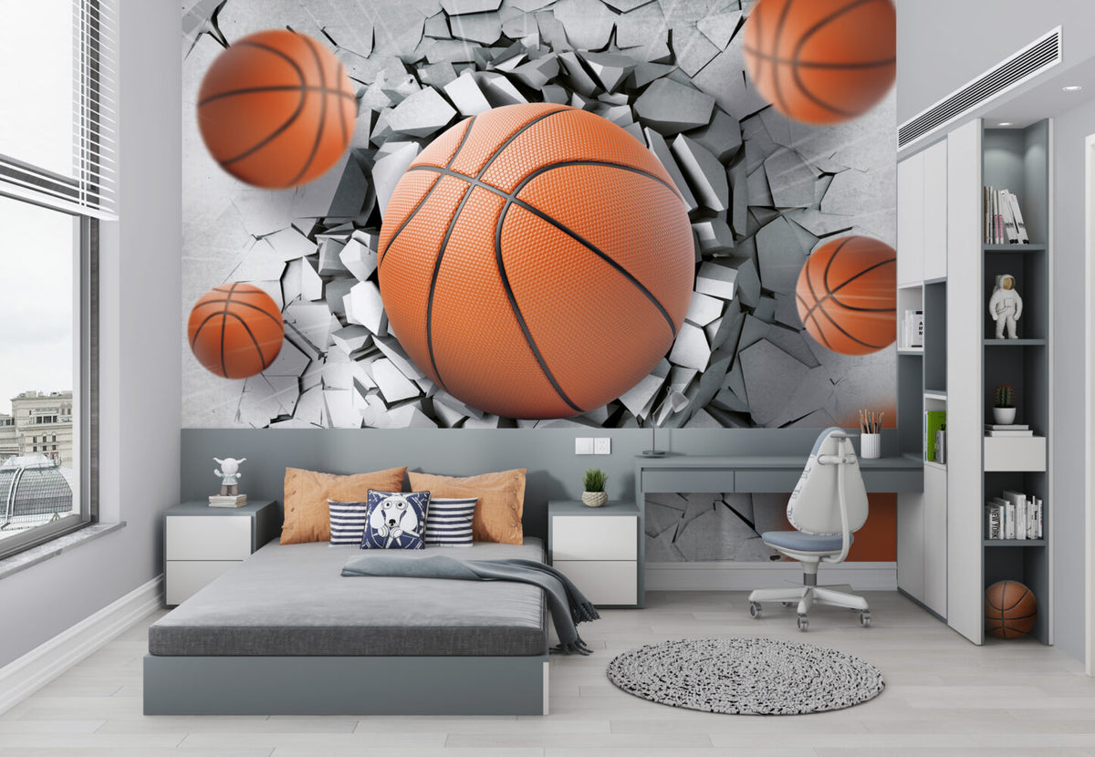 3D Basketball Wall Wallpaper : Breaking Concrete Sports Mural - View 3