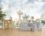 Watercolor Safari Babies Wallpaper : Giraffe And Friends Mural - View 5