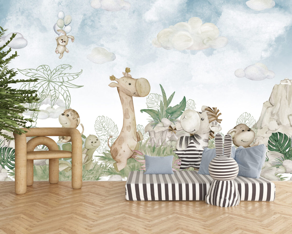 Watercolor Safari Babies Wallpaper : Giraffe And Friends Mural - View 5