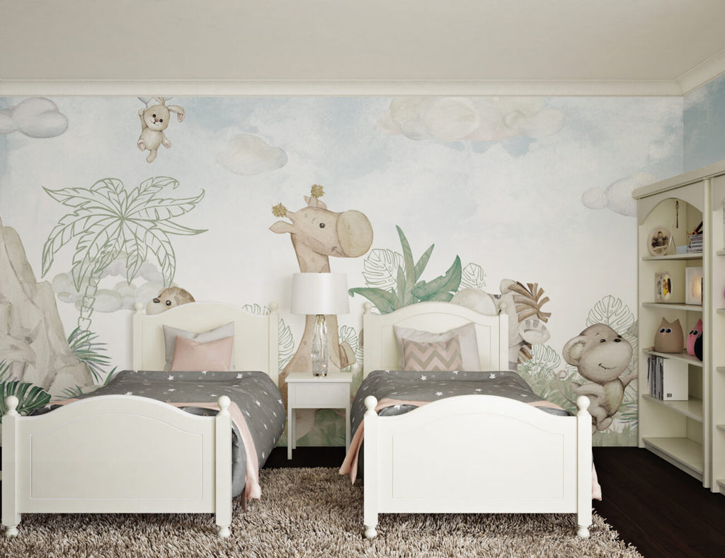 Watercolor Safari Babies Wallpaper : Giraffe And Friends Mural - View 6