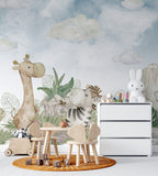 Watercolor Safari Babies Wallpaper : Giraffe And Friends Mural - View 3