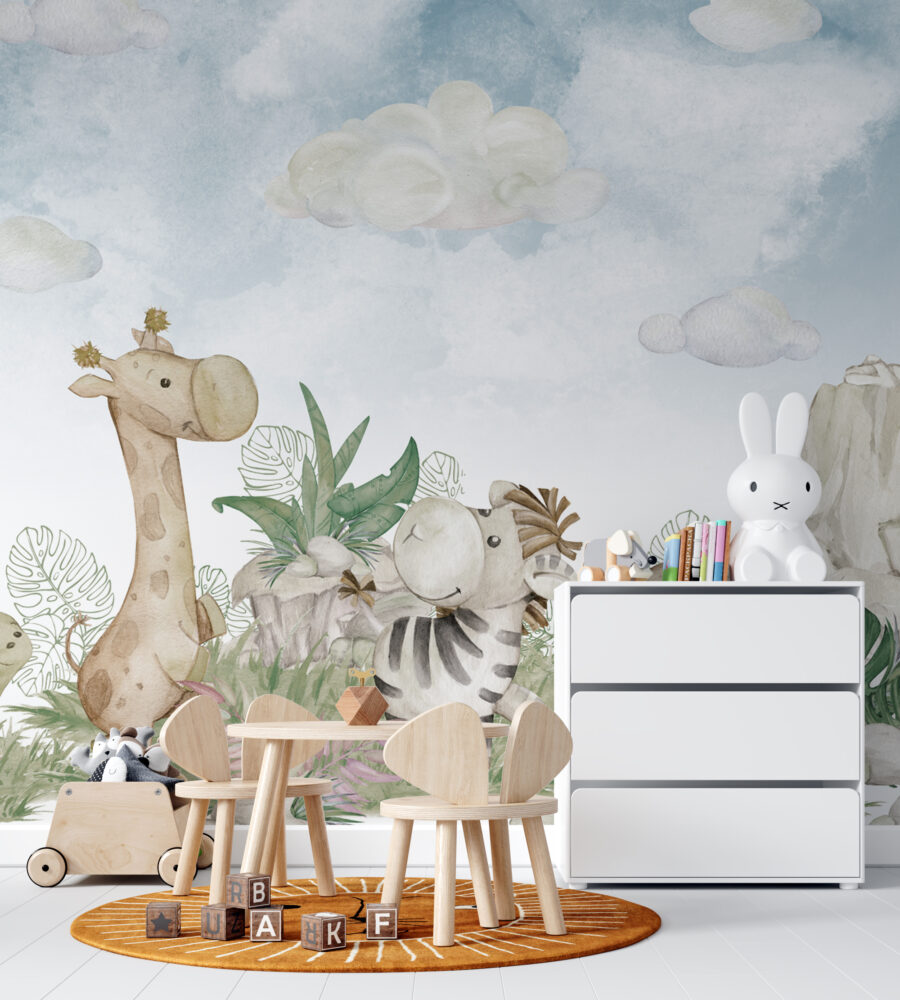 Watercolor Safari Babies Wallpaper : Giraffe And Friends Mural - View 3