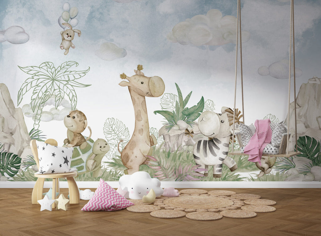 Watercolor Safari Babies Wallpaper : Giraffe And Friends Mural