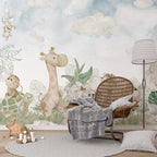 Watercolor Safari Babies Wallpaper : Giraffe And Friends Mural - View 4