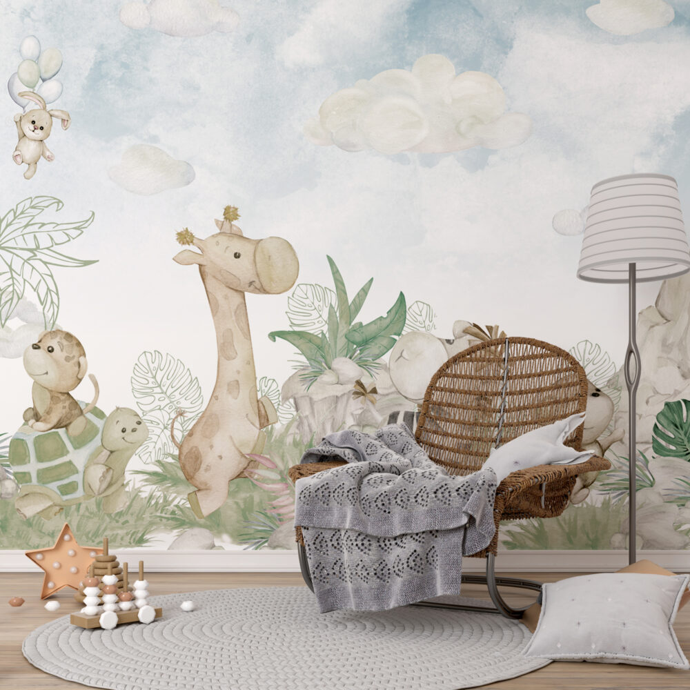 Watercolor Safari Babies Wallpaper : Giraffe And Friends Mural - View 4