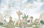 Watercolor Safari Babies Wallpaper : Giraffe And Friends Mural - View 2