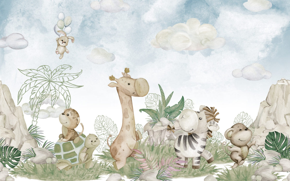 Watercolor Safari Babies Wallpaper : Giraffe And Friends Mural - View 2