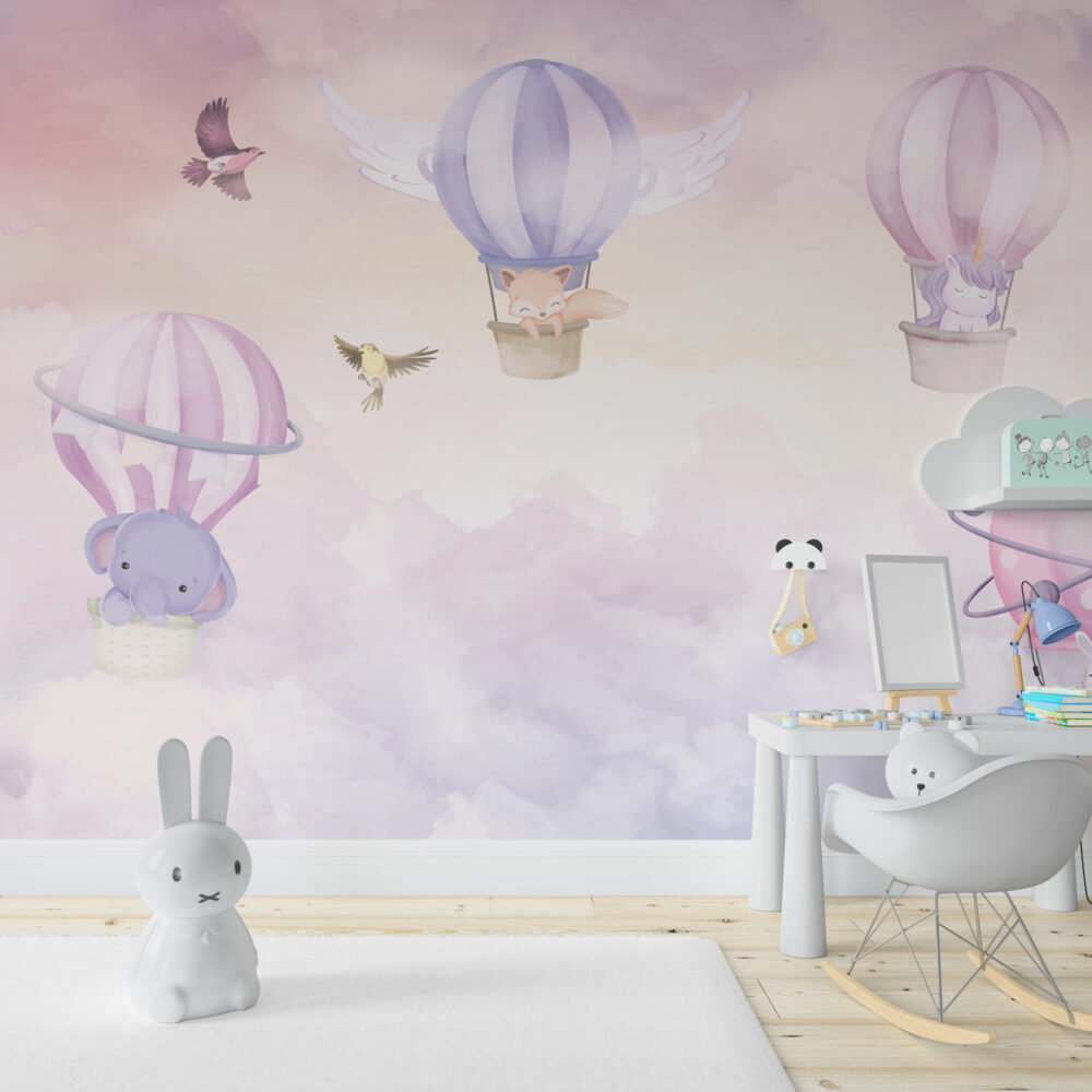 Pastel Hot Air Balloon Wallpaper : Pink Sky Nursery Mural - View 6