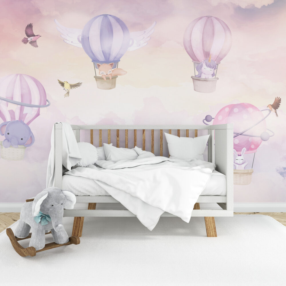 Pastel Hot Air Balloon Wallpaper : Pink Sky Nursery Mural