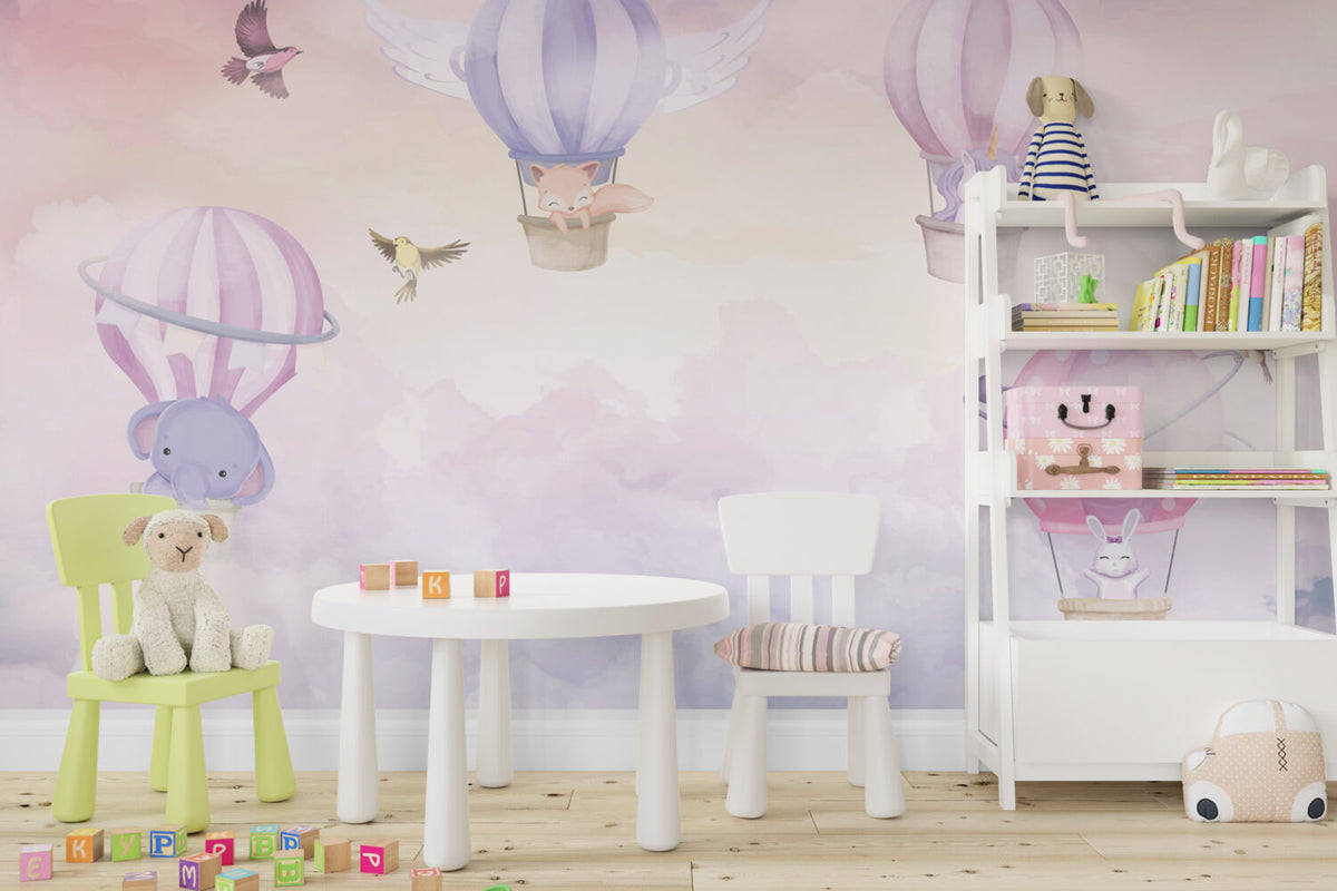Pastel Hot Air Balloon Wallpaper : Pink Sky Nursery Mural - View 3