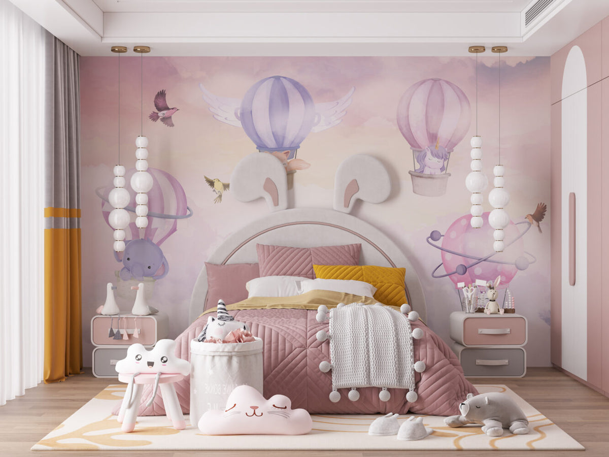 Pastel Hot Air Balloon Wallpaper : Pink Sky Nursery Mural - View 5