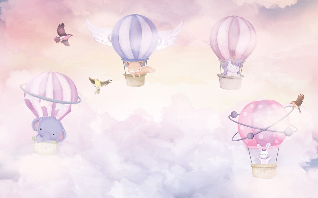 Pastel Hot Air Balloon Wallpaper : Pink Sky Nursery Mural - View 2