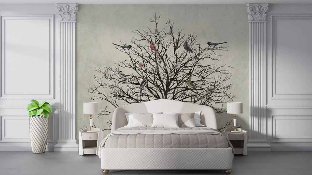 Bare Tree Birds Wallpaper : Black Branches On Cream Mural