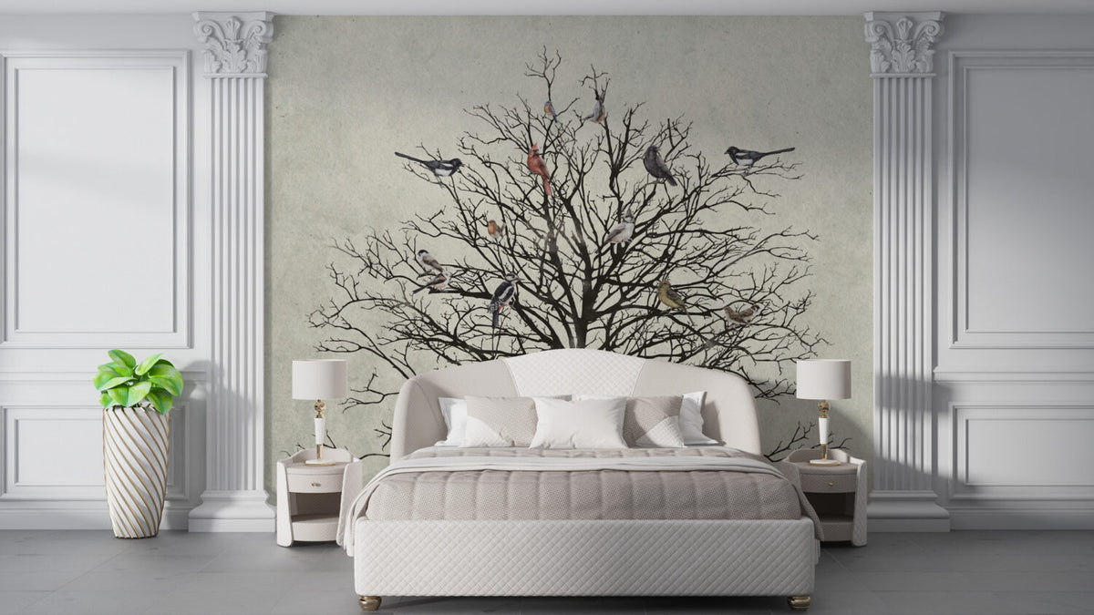 Bare Tree Birds Wallpaper : Black Branches On Cream Mural