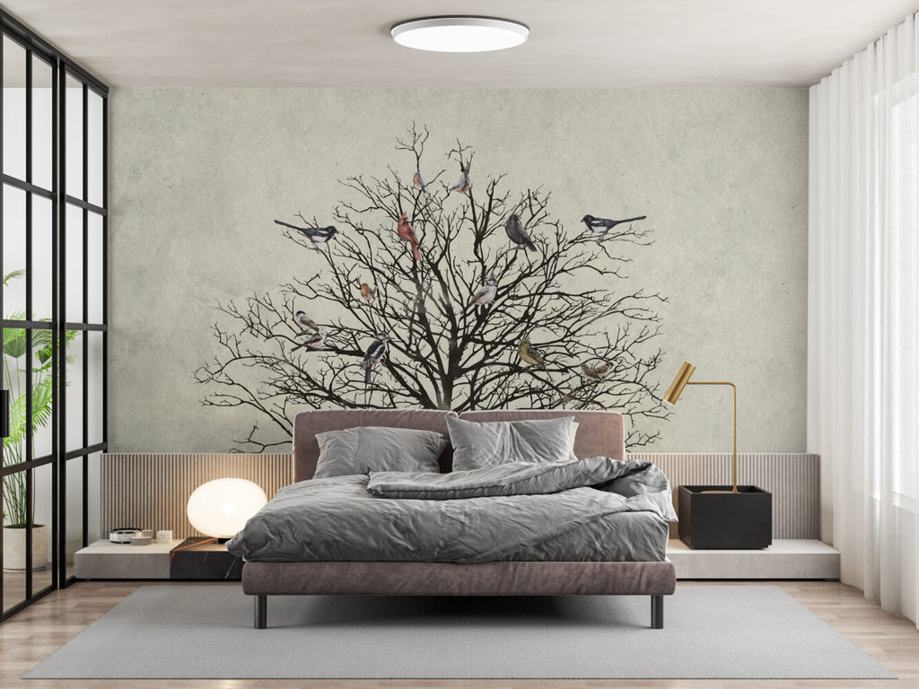 Bare Tree Birds Wallpaper : Black Branches On Cream Mural - View 3