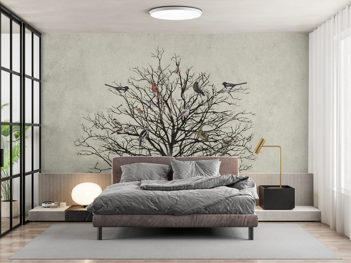 Bare Tree Birds Wallpaper : Black Branches On Cream Mural - View 3
