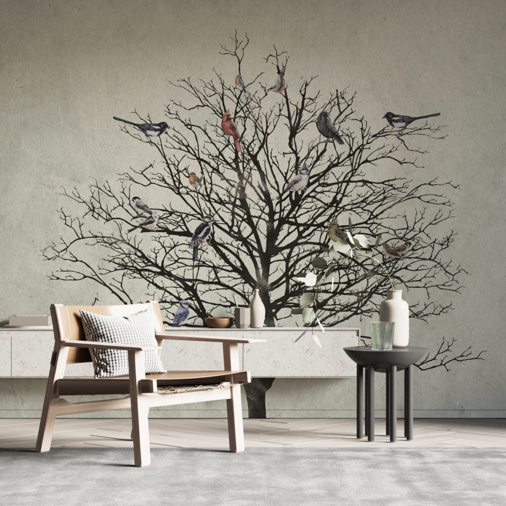 Bare Tree Birds Wallpaper : Black Branches On Cream Mural - View 4