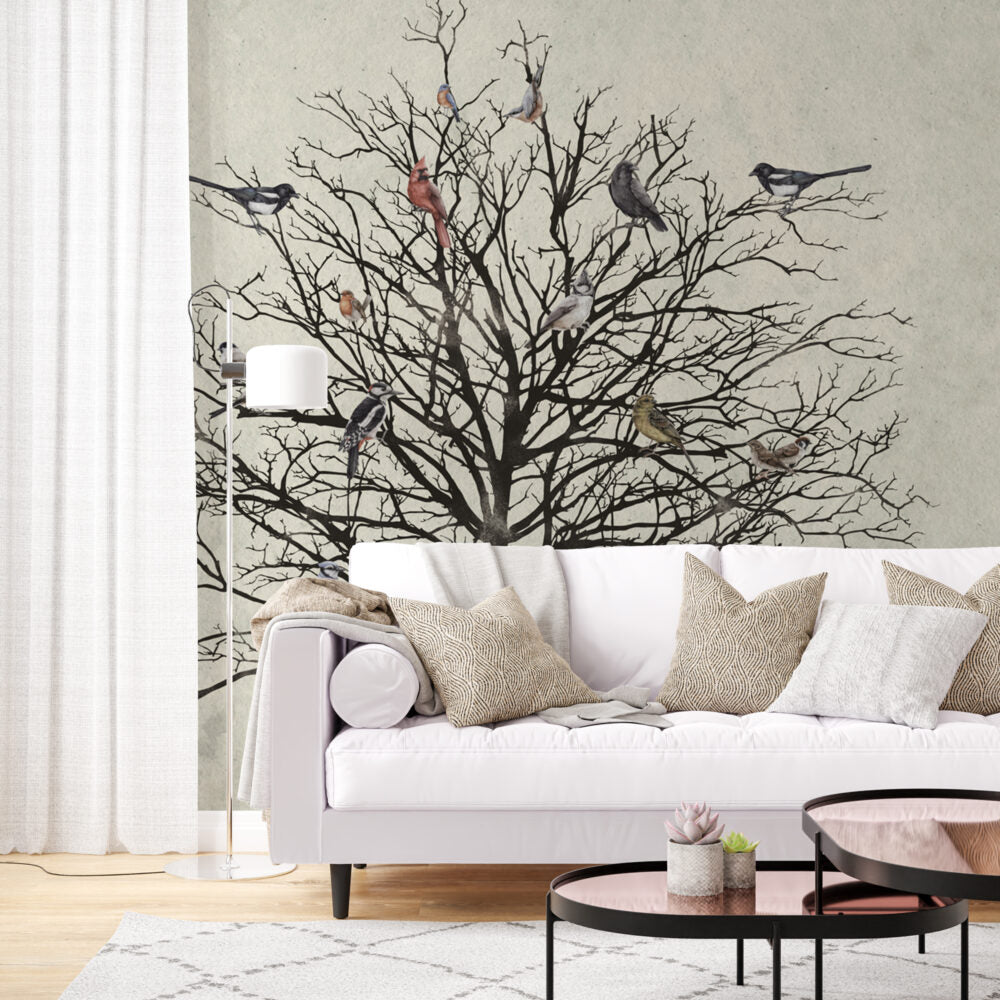 Bare Tree Birds Wallpaper : Black Branches On Cream Mural - View 5
