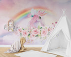 Pink Unicorn Rainbow Wallpaper : Pastel Fantasy Nursery Mural - View 5