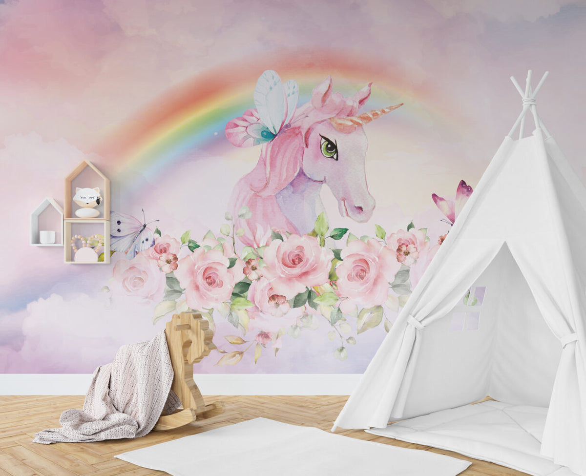 Pink Unicorn Rainbow Wallpaper : Pastel Fantasy Nursery Mural - View 5