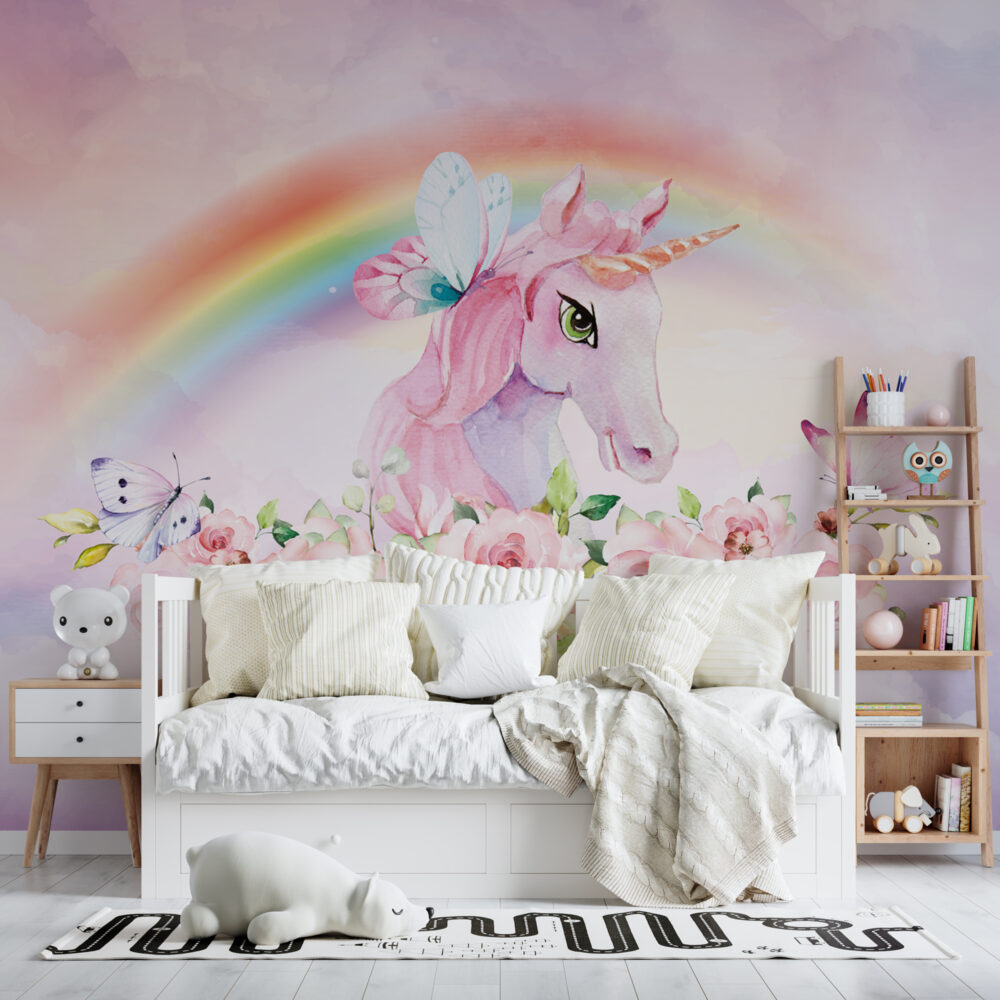 Pink Unicorn Rainbow Wallpaper : Pastel Fantasy Nursery Mural - View 3