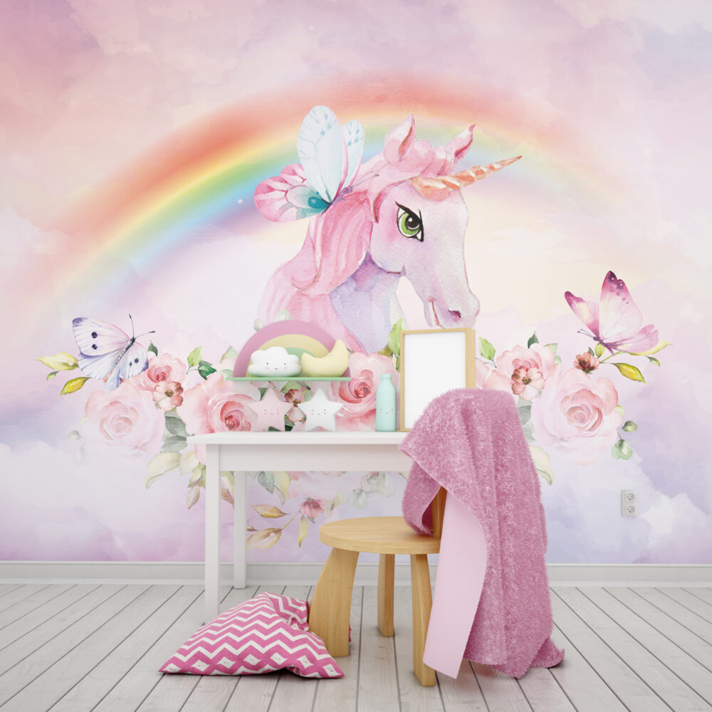 Pink Unicorn Rainbow Wallpaper : Pastel Fantasy Nursery Mural