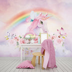 Pink Unicorn Rainbow Wallpaper : Pastel Fantasy Nursery Mural