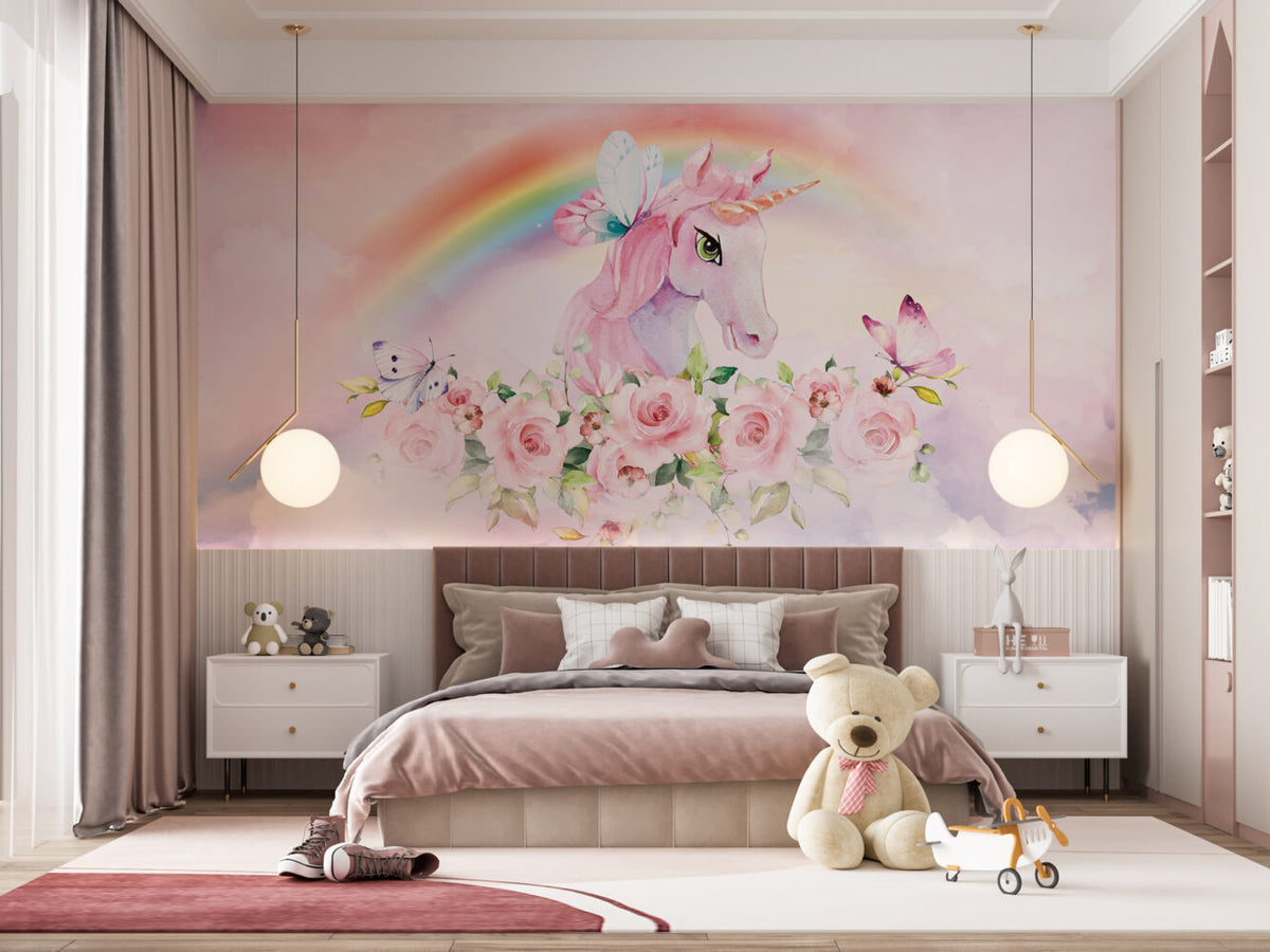 Pink Unicorn Rainbow Wallpaper : Pastel Fantasy Nursery Mural - View 4
