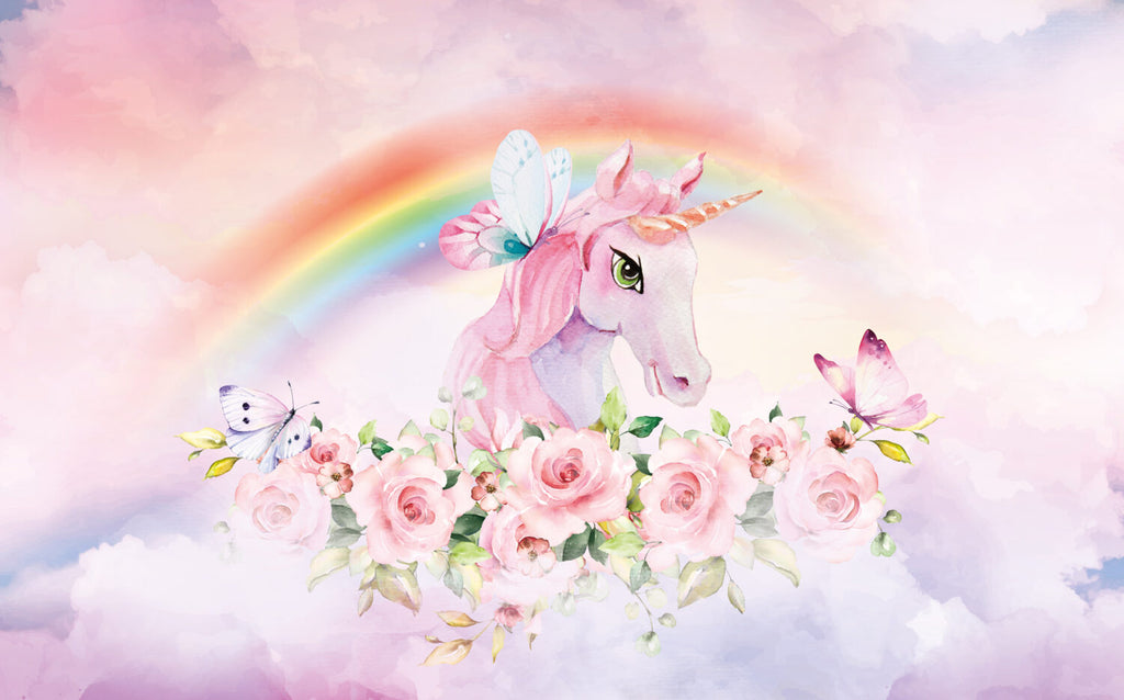 Pink Unicorn Rainbow Wallpaper : Pastel Fantasy Nursery Mural - View 2