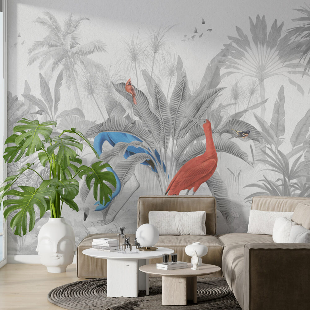 Grey Jungle Flamingo Wallpaper : Monochrome Palms With Red Bird Mural