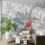 Grey Jungle Flamingo Wallpaper : Monochrome Palms With Red Bird Mural