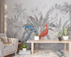 Grey Jungle Flamingo Wallpaper : Monochrome Palms With Red Bird Mural - View 6