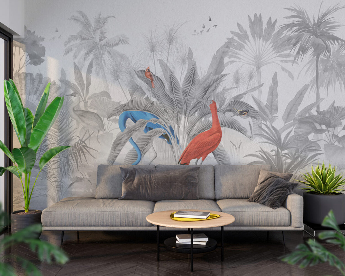 Grey Jungle Flamingo Wallpaper : Monochrome Palms With Red Bird Mural - View 3