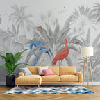 Grey Jungle Flamingo Wallpaper : Monochrome Palms With Red Bird Mural - View 4