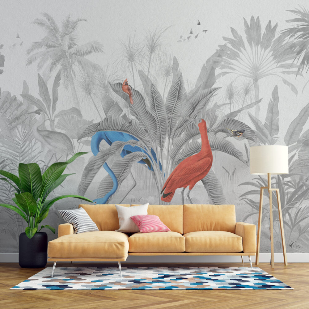 Grey Jungle Flamingo Wallpaper : Monochrome Palms With Red Bird Mural - View 4
