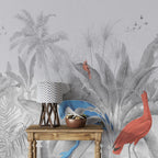 Grey Jungle Flamingo Wallpaper : Monochrome Palms With Red Bird Mural - View 5