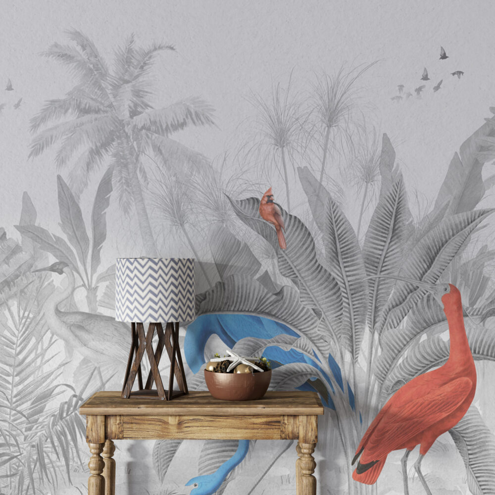 Grey Jungle Flamingo Wallpaper : Monochrome Palms With Red Bird Mural - View 5