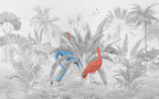 Grey Jungle Flamingo Wallpaper : Monochrome Palms With Red Bird Mural - View 2