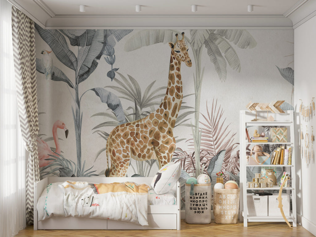 Pastel Giraffe Jungle Wallpaper : Soft Tropical Animals Mural - View 4